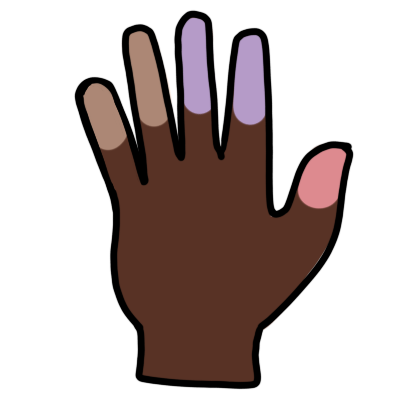 A simple hand. Two fingers are pale, two are a light purplish-blue, and one is reddish-pink. The hand is medium-dark brown.